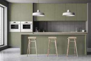 Kitchen cabinet design by New Mika 3561 Grey Out NOVEL GLOSS HPL featuring a premium decorative finish, designed for modern, durable, and easy-to-maintain kitchen interiors.
