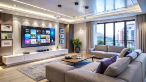 Modern living room with a large TV, soft seating, and a comfortable, relaxed feel.