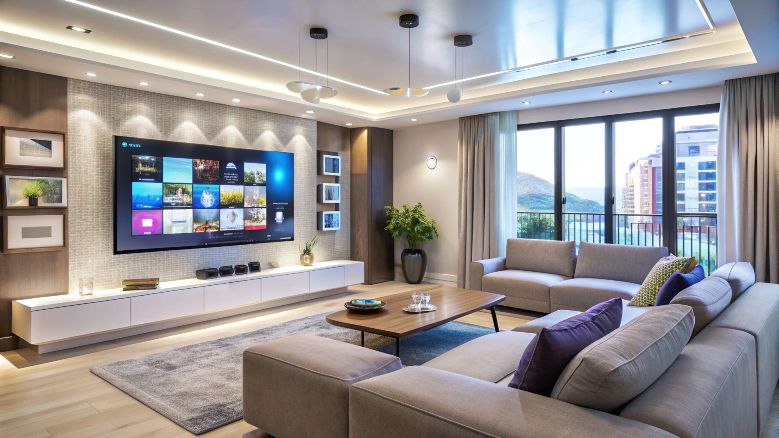 Modern living room with a large TV, soft seating, and a comfortable, relaxed feel.