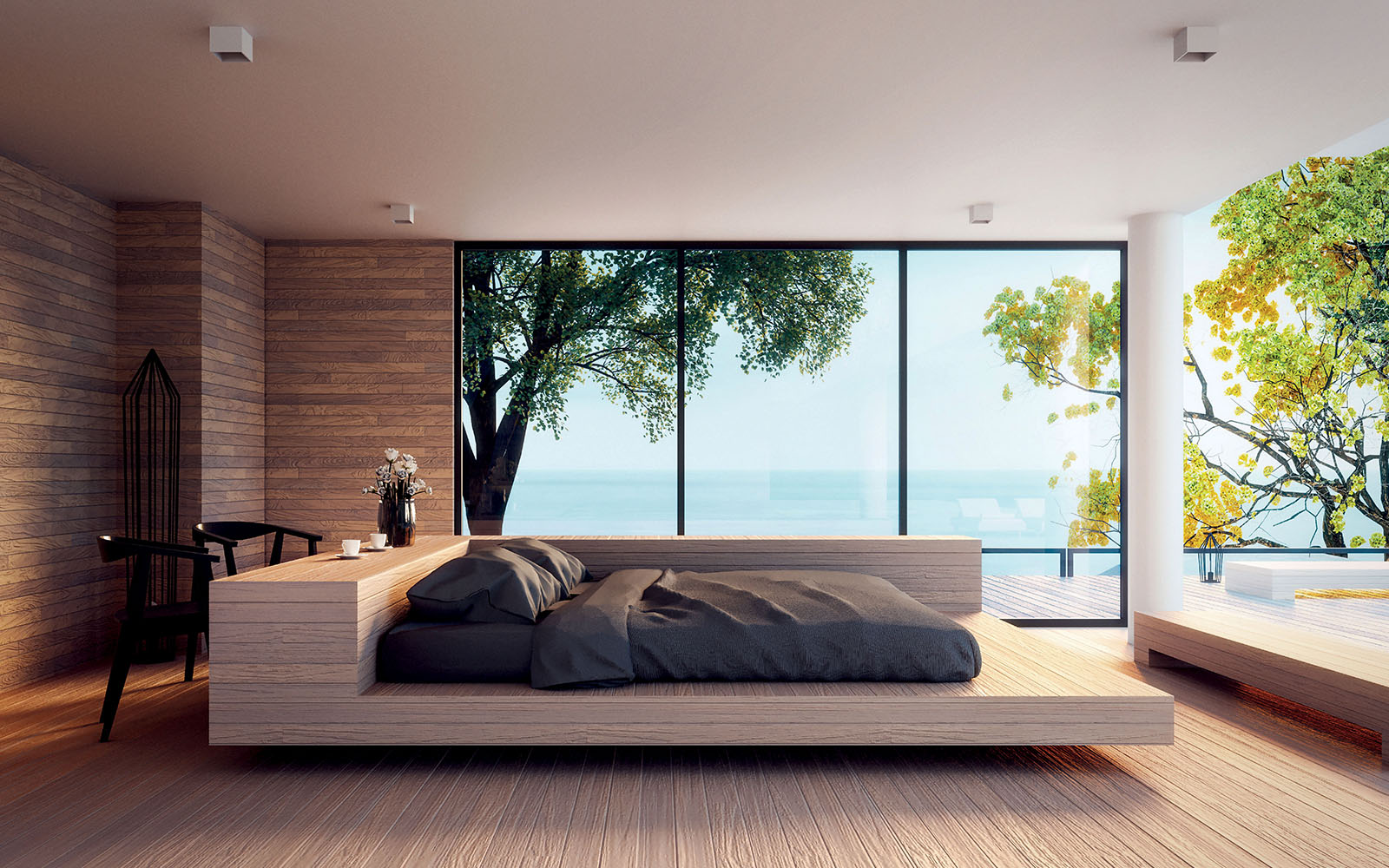 Sheet of Mikasa Marine Blue plywood displayed on a clean wooden room beside ocean.