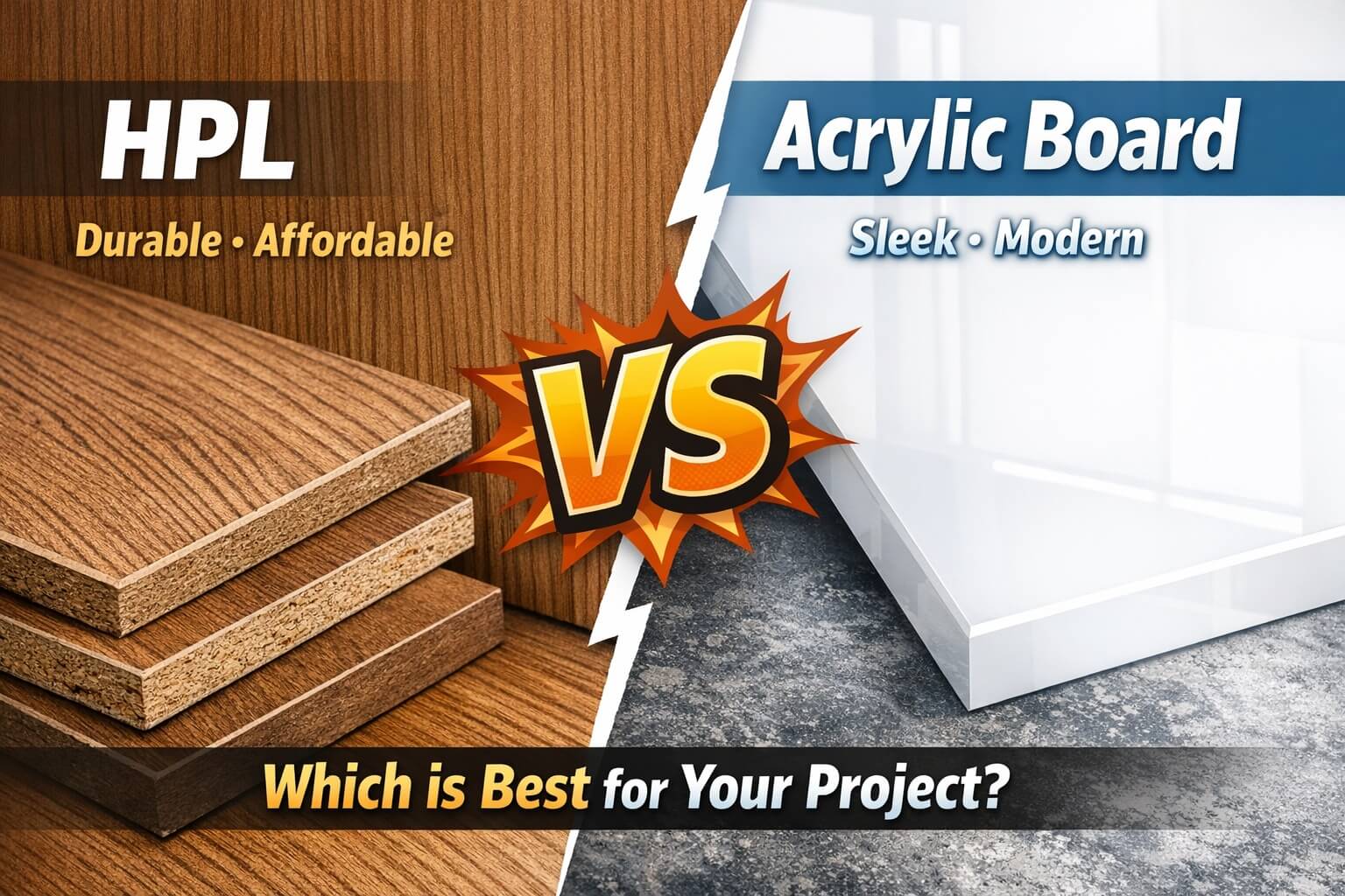 Side by side cabinet samples compare HPL vs acrylic board finishes in a modern kitchen display.