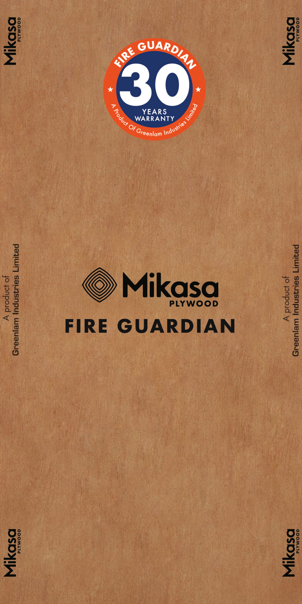Mikasa Fire Guardian plywood sheet showing the dense, uniform core and fire-retardant treated hardwood surface.