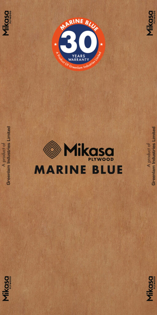 Full sheet of Mikasa MARINE Blue BWP plywood with the official brand stamp, featuring a rich, natural hardwood face.