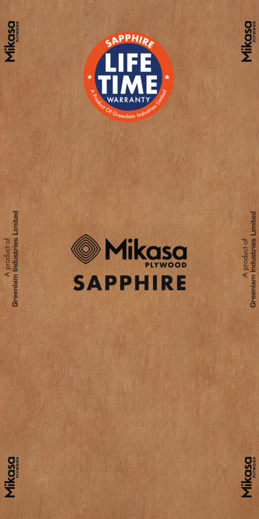 A sheet of Mikasa Sapphire plywood featuring a smooth, light-toned hardwood face with a consistent grain pattern. The side profile reveals cleanly bonded, uniform layers characteristic of high-quality boiling water resistant (BWR) grade construction.