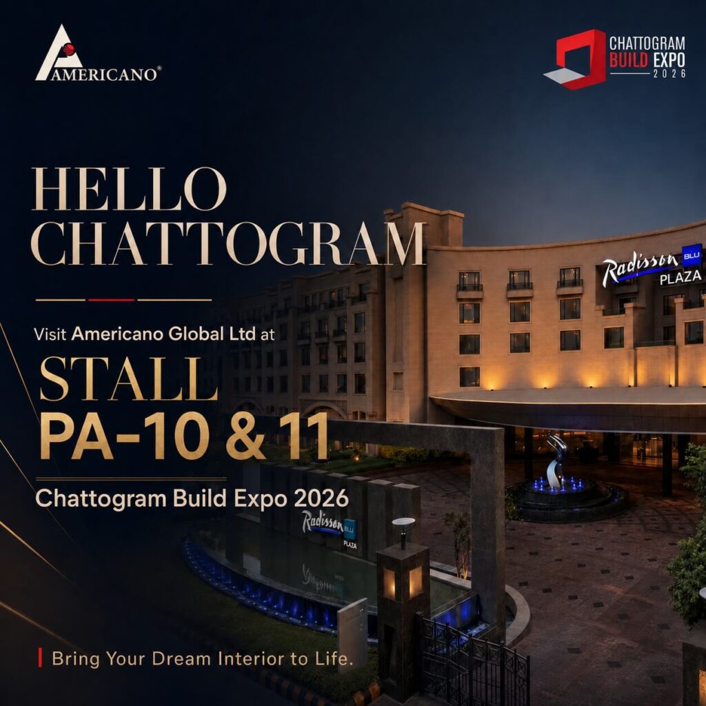 Chattogram Build Expo 2026 event banner featuring Americano Global Limited (AGL) and its interior and furniture solutions.