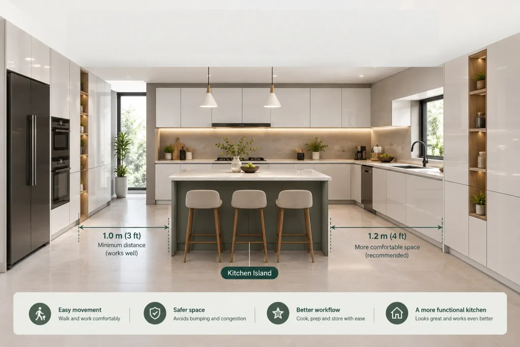The perfect balance in kitchen island spacing.