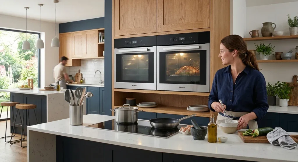 Wall-mounted, high-level ovens in kitchen cabinet.