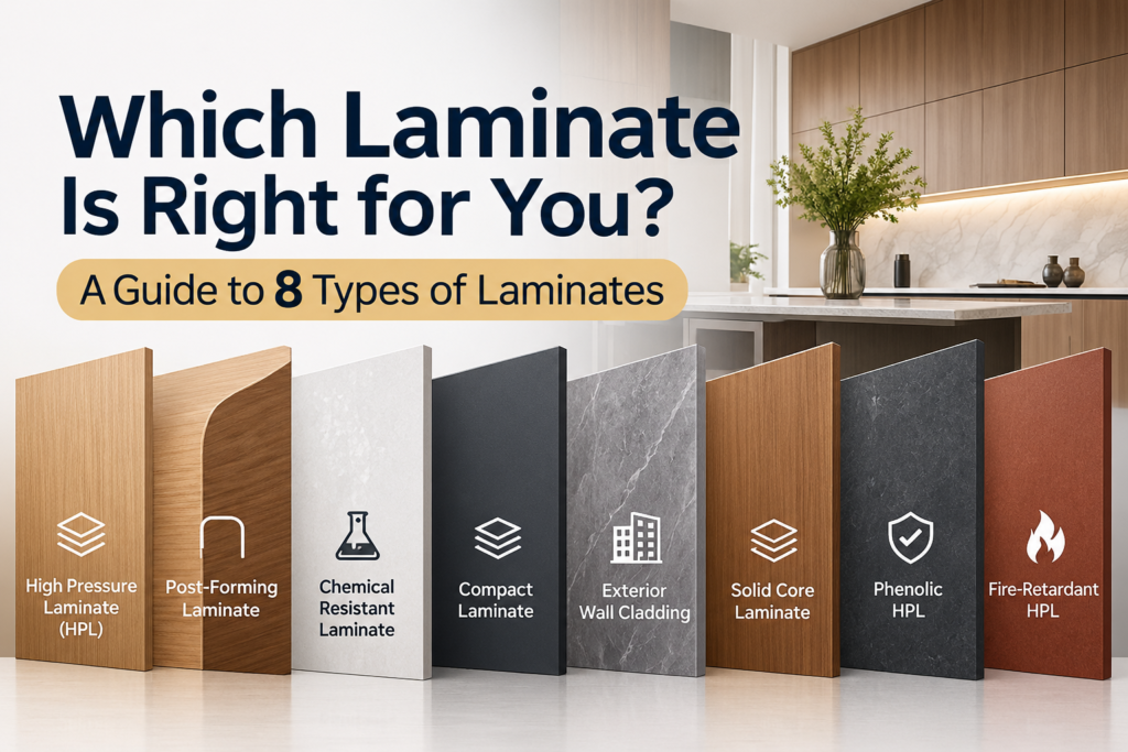 Which Laminate Is Right for You? A Guide to 8 Types of Laminates, including HPL, post-forming, chemical-resistant, compact, exterior wall cladding, solid core, phenolic, and fire-retardant HPL.