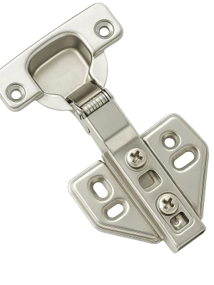 A close-up of a stainless steel soft-close hinge showing the integrated hydraulic piston for silent cabinet door closing.