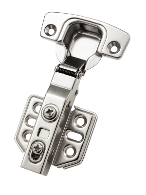 A close-up of a stainless steel soft-close hinge showing the integrated hydraulic piston for silent cabinet door closing.