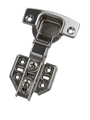 A close-up of a stainless steel soft-close hinge showing the integrated hydraulic piston for silent cabinet door closing.