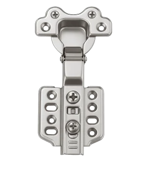 A close-up of a stainless steel soft-close hinge showing the integrated hydraulic piston for silent cabinet door closing.