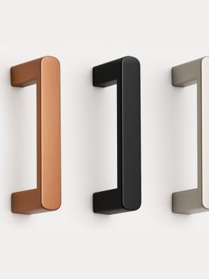 Modern cabinet handle in sleek brushed Aluminum finish, mounted horizontally on a smooth wooden cabinet door, showcasing a minimalist and contemporary design suitable for kitchen or wardrobe furniture.