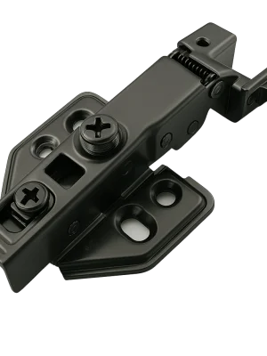 A close-up of a stainless steel soft-close hinge showing the integrated hydraulic piston for silent cabinet door closing.