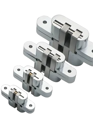 A close-up of a stainless steel soft-close Folding Concealed hinge showing the integrated hydraulic piston for silent cabinet door closing.